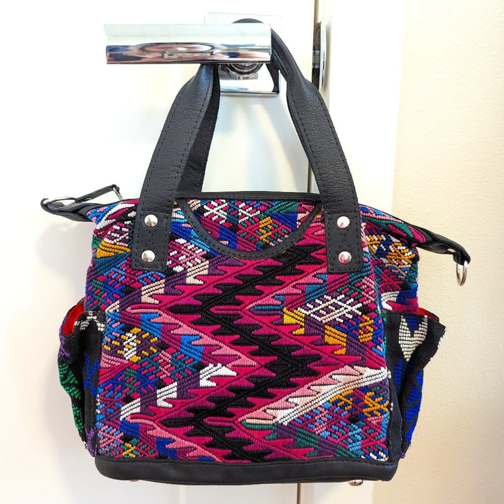 One-Of-A-Kind Nena & Co Full Huipil Black Leather Mini Convertible Day Bag